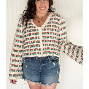 POL Crochet Cardigan Medium Boho Stripe Knit Sweater Cream Teal Rust